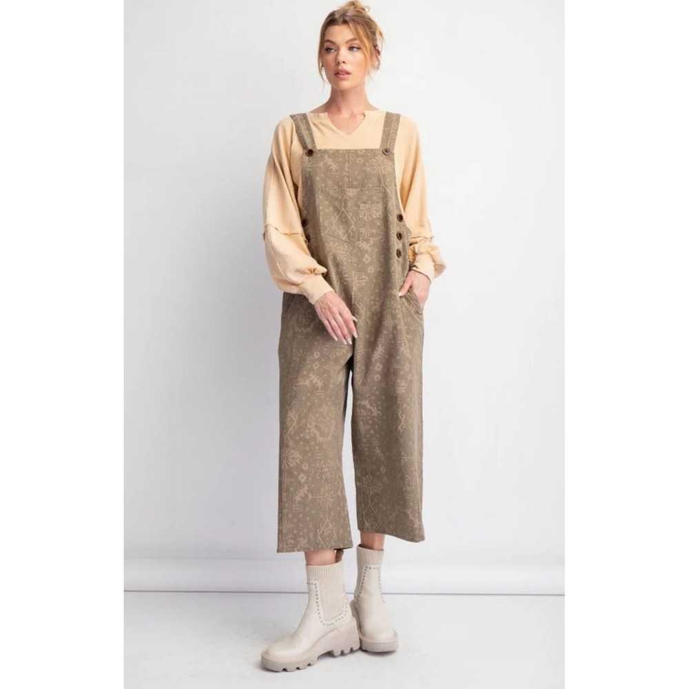 NWT Easel Mocha Ethnic Printed Twill Overall Jumpsuit Overalls‎ Size L Boho - Picture 2 of 13